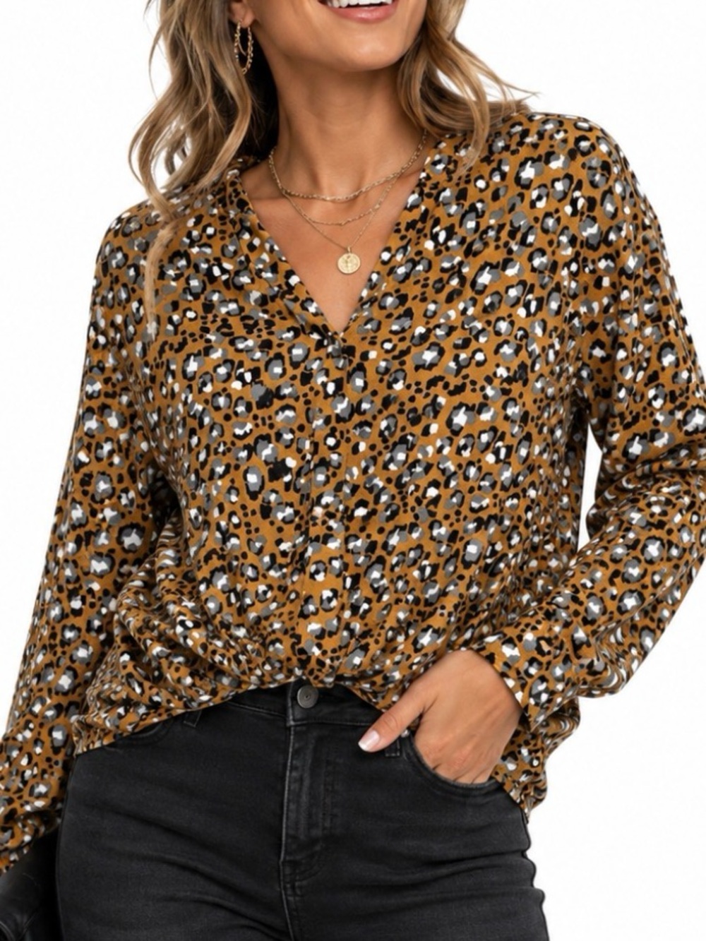 Como Blu Animal Print V-Neck Long Sleeve Top